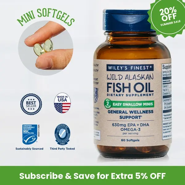 Wiley's Finest Wild Alaskan Fish Oil Minis — Omega-3 Supplement with 630mg EPA & DHA, High-Potency Formula, Easy-to-Swallow Softgels, Double-Strength, No Fishy Aftertaste, for Adults & Kids