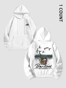 Unisex Men's Duck Hunting Graphic Print Pocket Drawstring Hoodie, Regular Fit Casual Long Sleeve Hooded Sweatshirt, Men's Top for Outdoor Activities, Casual Streetwear Sweatshirt