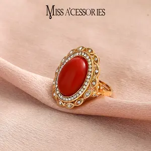 Vintage Red Oval Gem Ring | Sparkly CZ Halo Gold Tone Statement Jewelry | Trendy Ornate Red Crystal Open Ring | Rhinestone Encrusted Floral Setting Ring