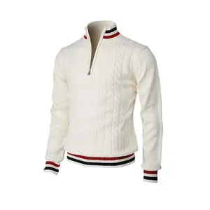 Men’s quarter-zip sweater with striped trim, regular fit, casual long sleeves, stand collar, breathable cotton fabric—soft traditional knitwear for autumn and winter.