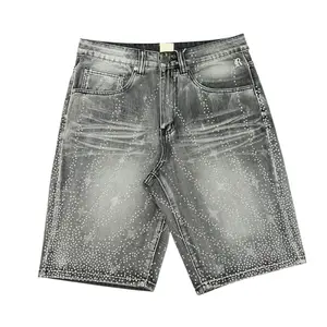 R3BEL | RHINESTONE WASHED RELAXED DENIM SHORTS - GREY