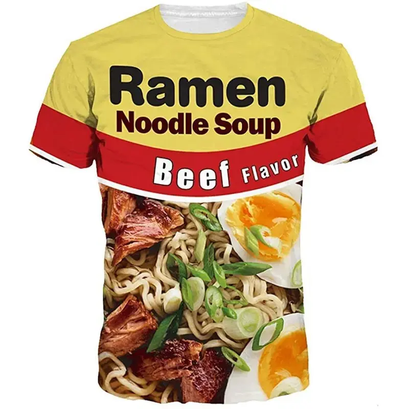 Ramen Noodle 3D Print T-Shirt, Unisex Casual Short Sleeve Streetwear Top in a Breathable Fabric for Food Lovers, Shortsleeve, Tee
