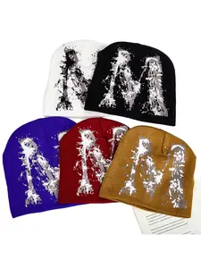 Abstract M Embroidered Knit Hat, Streetwear Multicolor Splatter Letter M Print, Unisex Cold Weather Hat, Graffiti Style M Pattern Knit Cap