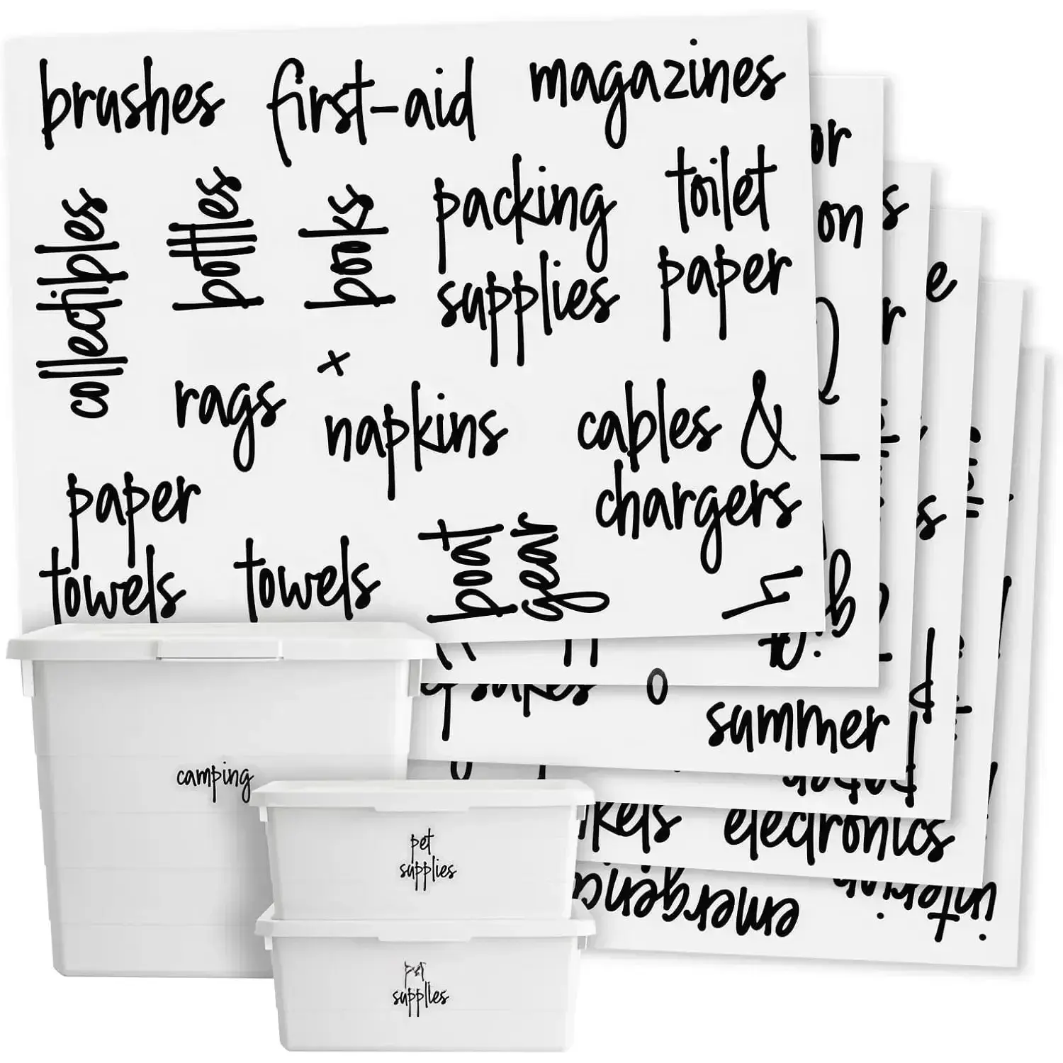136-Pack 1.25" Rectangular Removable Adhesive Script Labels, Preprinted Water-Resistant Strong-Hold Easy-Peel Decals for Garage Organization, Comprehensive Labeling Set with Script Font & Quick Reference Guide, Efficient Storage