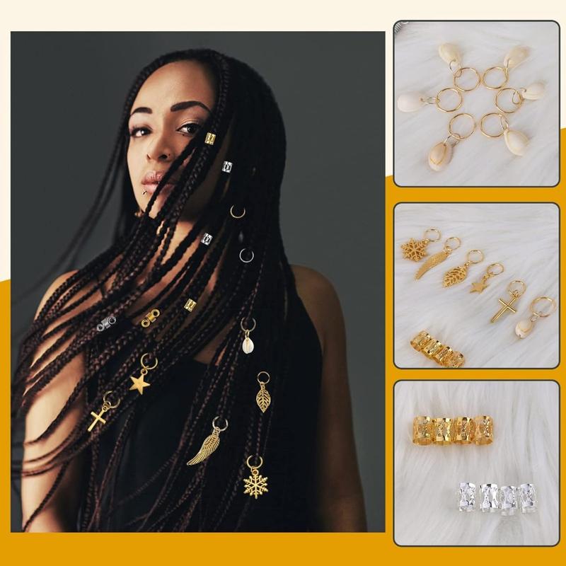 200 Hair Beads for Women Braids, Loc  for Hair, Dreadlocks Accessories, Metal Gold Sier Clips Cuffs Coils Shells Rings for Hair Braiding Beard Decoration for Girls Women