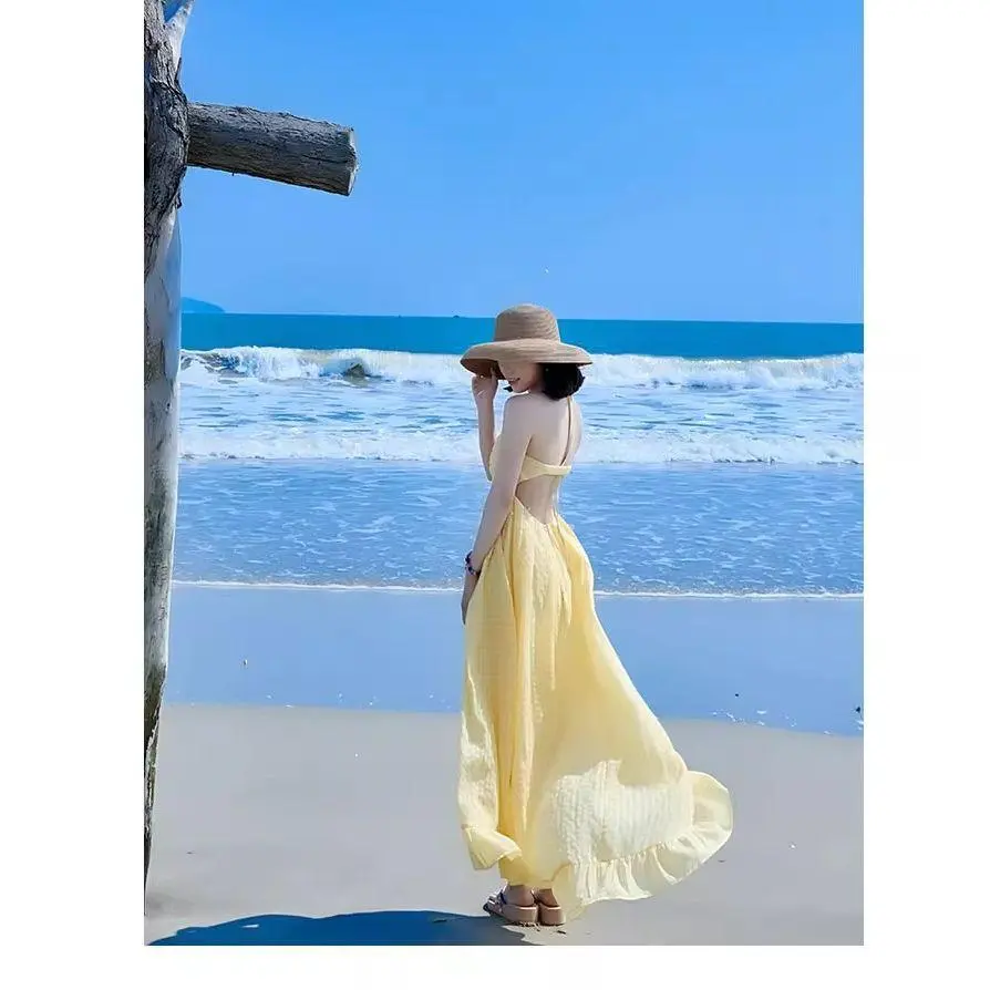 Halter Neck Flowy Maxi Dress 2026 Women's Yellow Elegant Halter Neck Backless Maxi Dress With Halter Neck Flowy Maxi Dress 2026 Women's Yellow Elegant Halter Neck Backless Maxi Dress With