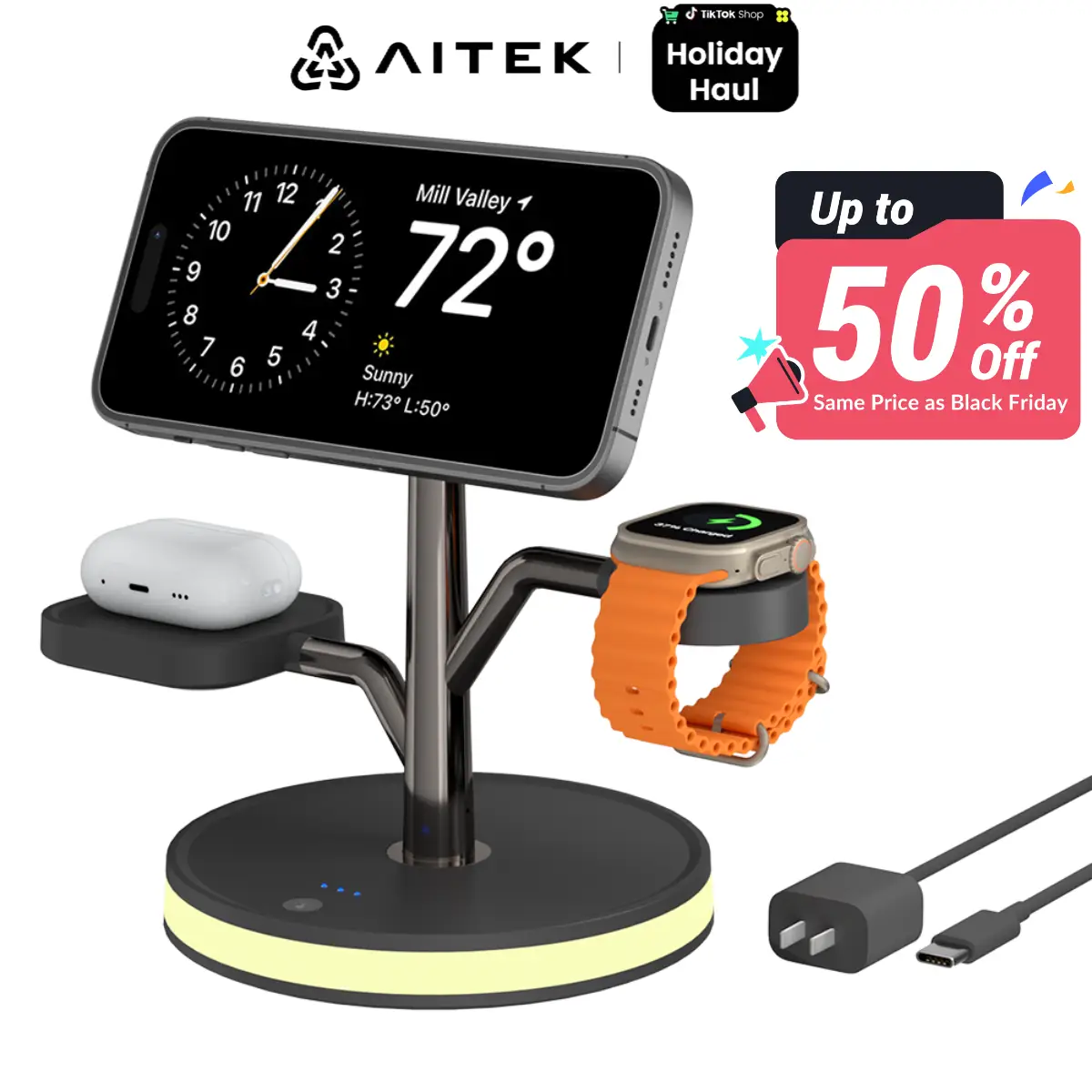 Wireless Charger with Light, Aitek iPhone Charger, Multifunctional 4-in-1 Wireless Charger Stand, Magnetic Mag safe Electronic Charging Station for iP