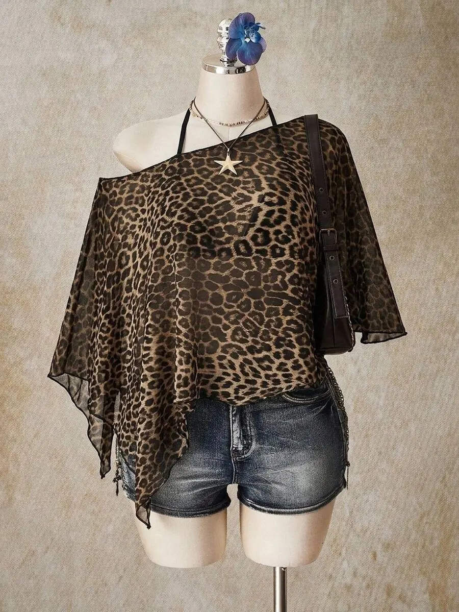 CurveHaus ICON Leopard Print Plus Size Women's Asymmetric Neck Batwing Sleeve Loose Top