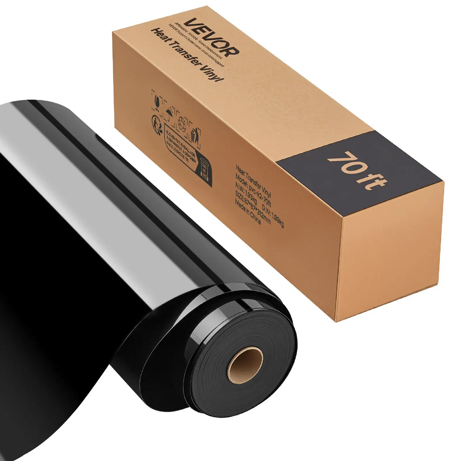 【Summerfinds】VEVOR Glossy Shine Jewel-Like Black Heat Transfer Vinyl Roll, 12x70 ft, Easy Alignment, Flexible to Cut, Easy Weeding, Strong Adhesion, Beginner-Friendly, Cutting Machine Compatible, for T-Shirts, Pillows, Heat Printing Press Tools, Roll Form