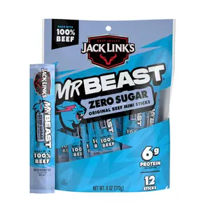 Jack Link’s x MrBeast Zero Sugar Mini Beef Sticks – 6g Protein per 2 Individually-Wrapped Meat Sticks, Made with 100% Real Beef, Perfect for School Lunches, Kids Snacks, 12 Count of 6 oz Sticks