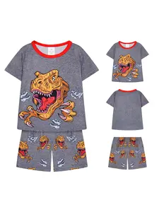 2-Piece Short Sleeve Fitted Pajama Set Pjs with Dinosaur Fossil Print, Soft Comfortable Casual Elastic Homewear Nightwear Outfit Loungewear for All Seasons