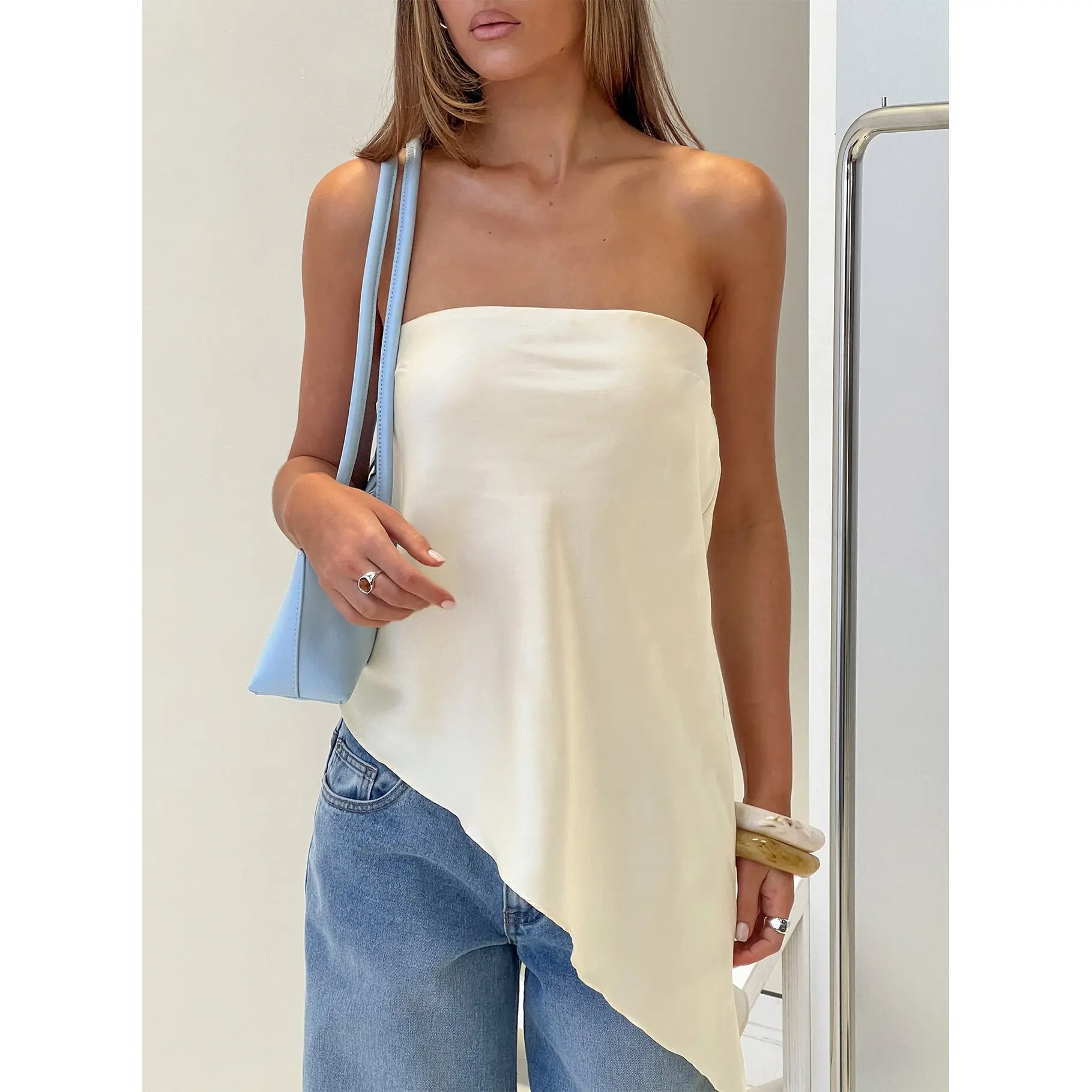 Keevah Strapless Satin Asymmetrical Top Lemon