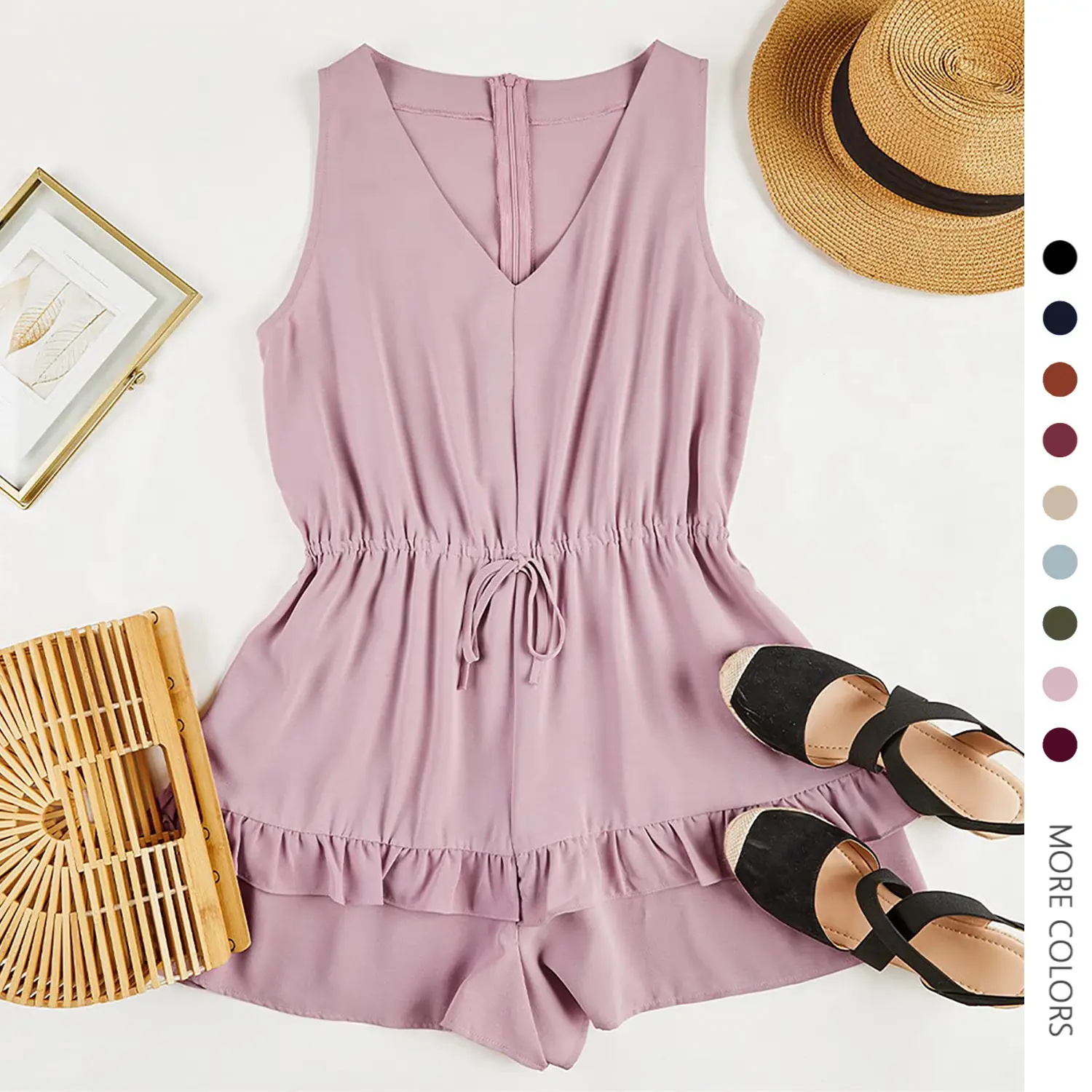 Danedvi Women's Basic Sleeveless V-Neck Romper, Loose-Fit High-Waist Summer Playsuit with Ruffle Trim, Self-Tie Belt, Zip & Breezy Wide Leg - Women's Overalls & Breezy Jumpsuits & Rompers
