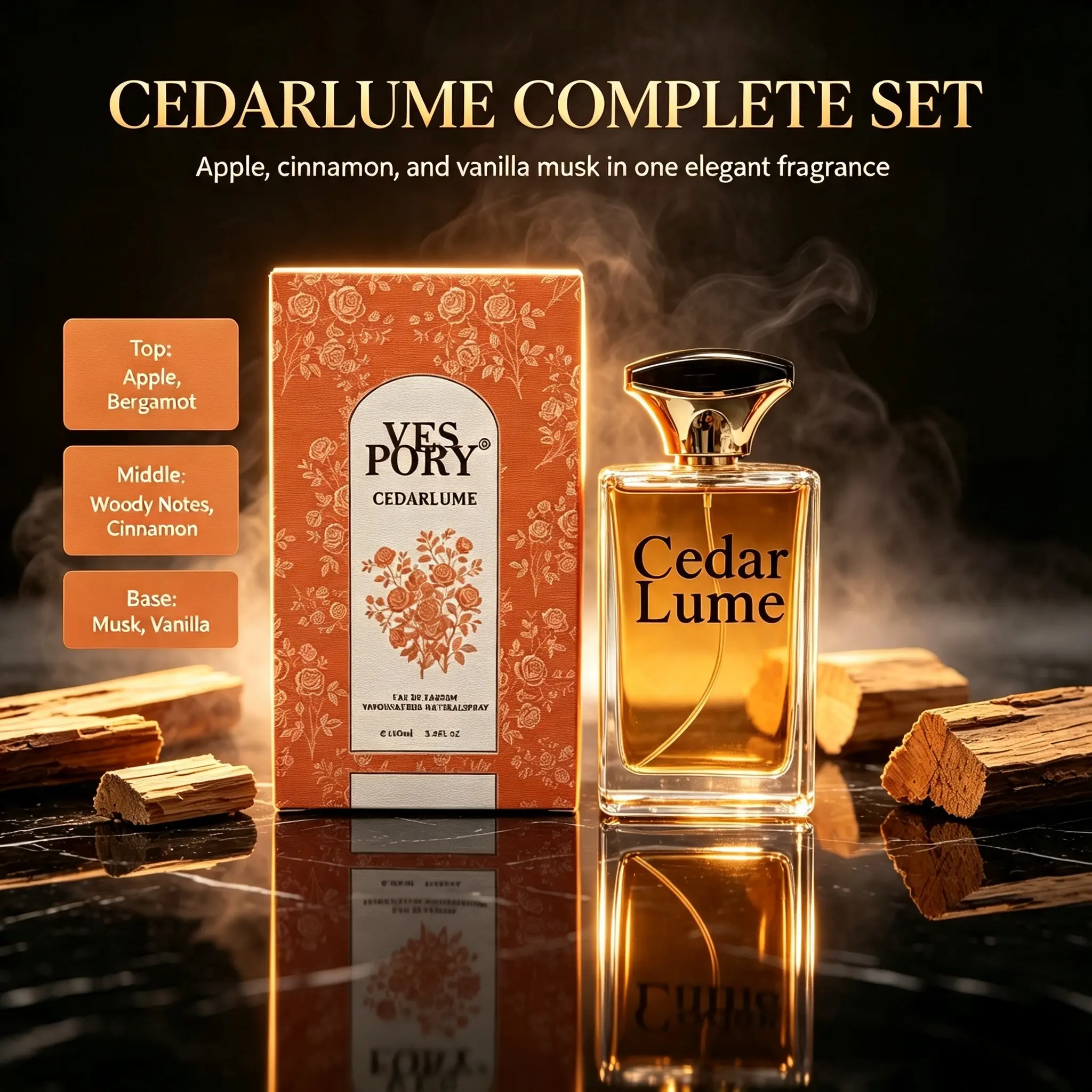 VESPORY Cedarlume Eau De Parfum | Apple & Bergamot Top Notes, Woody Cinnamon Middle, Musk Vanilla Base | Luxurious Long?Lasting Woody Perfume for Men & Women, Elegant Daily Fragrance