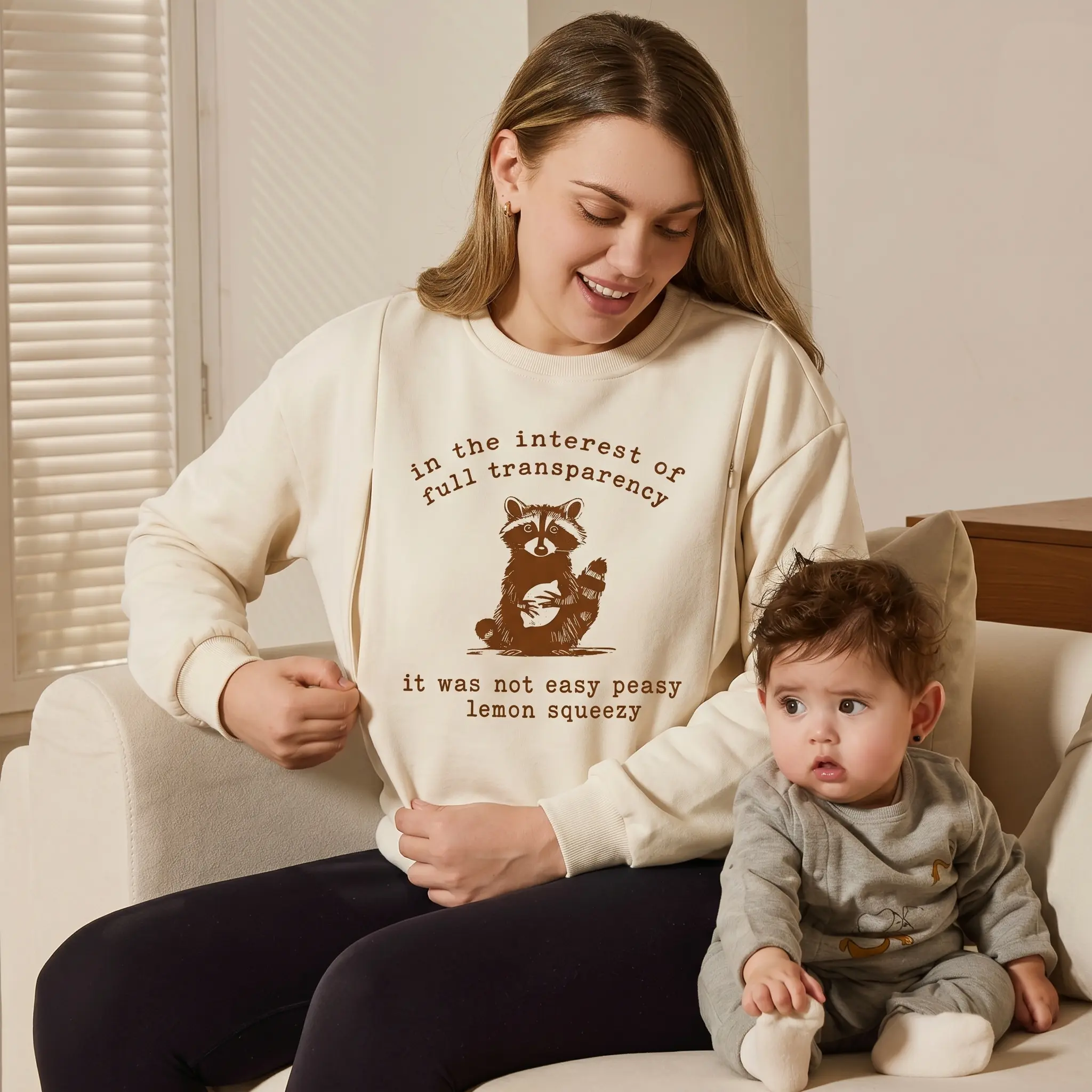 Giftifymama Funny Raccoon Breastfeeding Sweatshirt, Loose Fit Nursing Maternity Postpartum Outfits, Spring-Autumn Wear (Sizes S-XXL), Mother's Day Gifts, Gift for Mom Breastfeeding Clothes