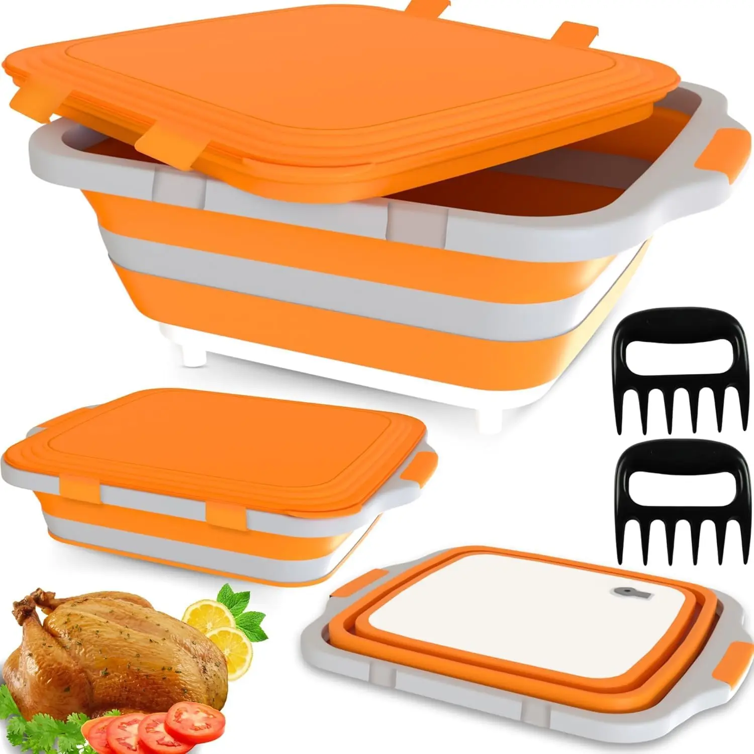16L X-Large Collapsible BBQ Prep Tub with Lid, Handles & 3 Adjustable Heights - Food-Safe Foldable Container with Portable Outdoor Cutting Board Station + 2-Pack Meat Shredder Claws for Camping, Grilling