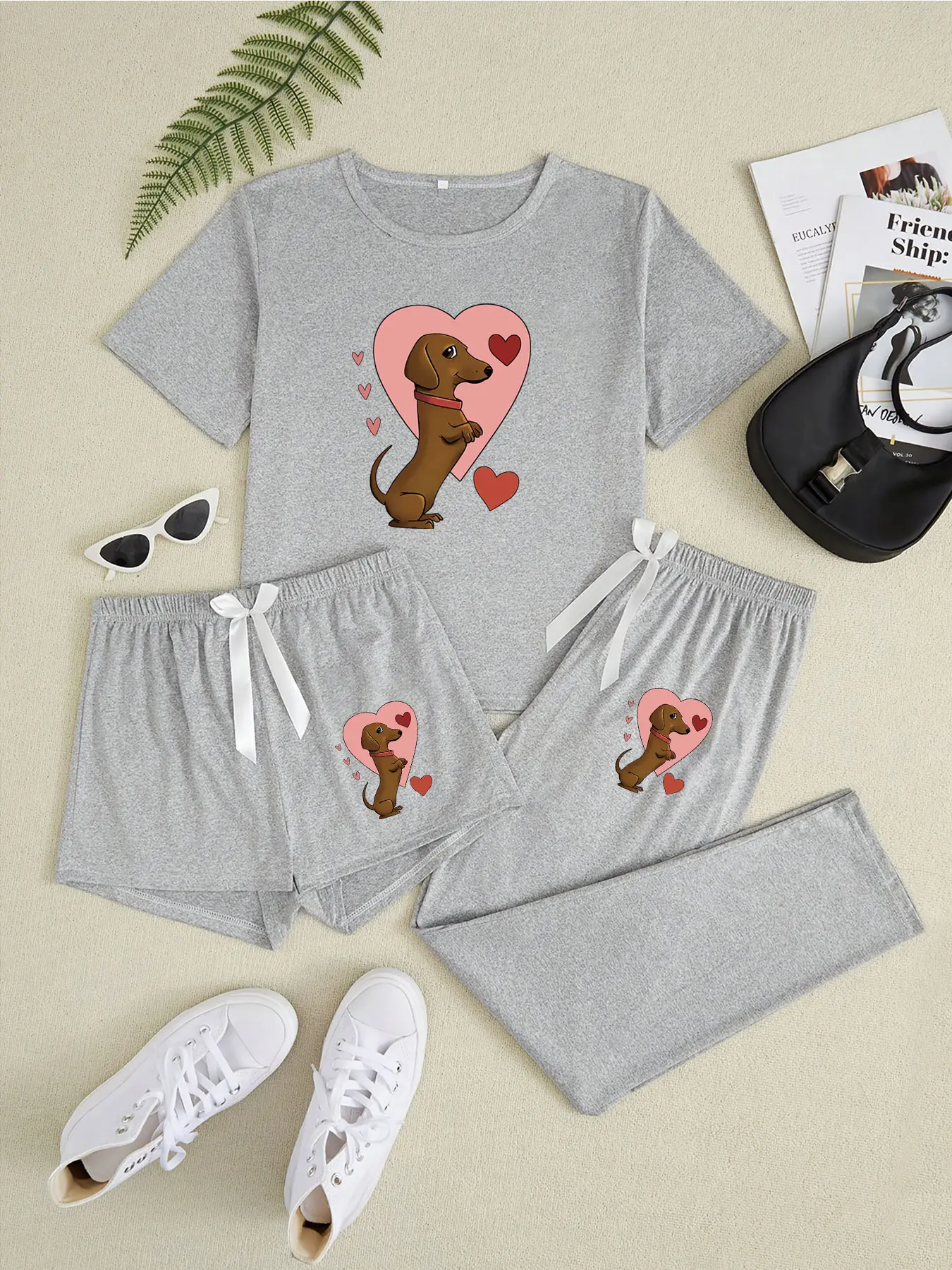 Women's Cartoon Heart Dog Print Knit Pajama Set Pjs, Cute Loungewear, 3 Piece Sleepwear Collection, Casual Fitted Nightwear for All Seasons