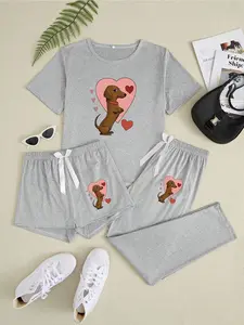 Women's Cartoon Heart Dog Print Pajama Set, 3 Piece Sleepwear Collection, Casual Fitted Nightwear for All Seasons
