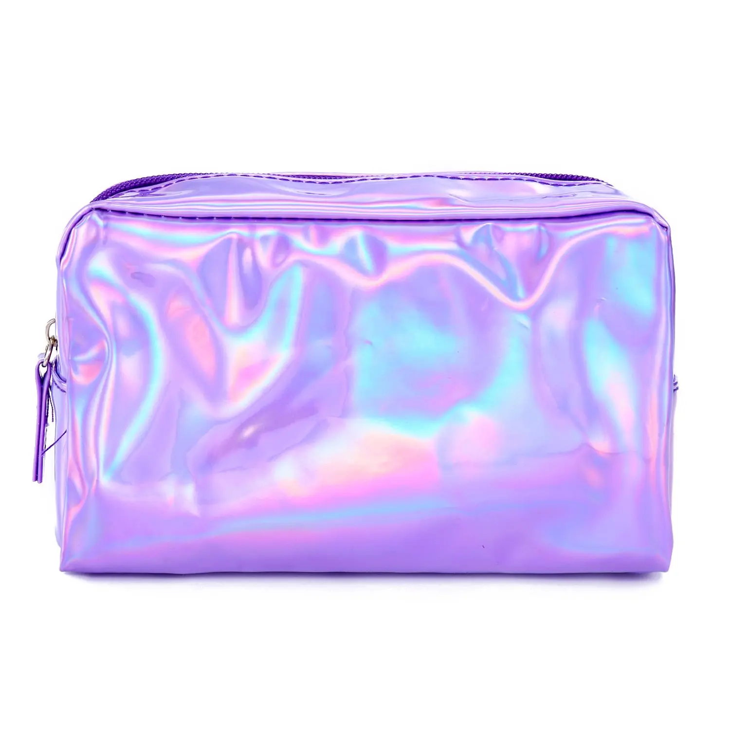 Holographic Purple PU Leather Makeup Bag - High-Capacity Waterproof Travel Beauty Bag, Cosmetic Toiletry Organizer Clutch Purse for Makeup & Skincare Products