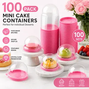 100 Pack Clear Plastic Mini Cupcake Containers, Single Dome Muffin Boxes with Lid – Round Pink Individual Pastry Dessert Holder for Wedding Birthday Party Favors, Cake Pop Cheese Mooncake Supplies