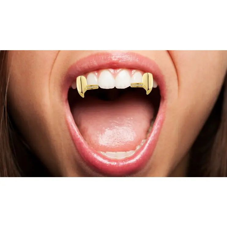 14K Gold Plated Iced Fangs Set 2pc