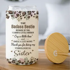 SMS - To My Bestie, Thanks For Being My Unbiological Sister 16 Oz Glass Cup With Straw - Iced Coffee Cup Gift For Best Friend BFF, Bottle Drinkware Washable Reusable