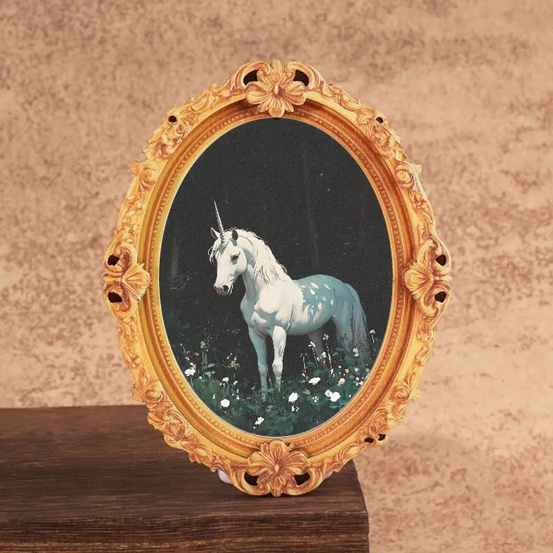 1 PC Vintage Oval Mini Frame Refrigerator Magnet, Unicorn Design, Creative Gift, Home Decor, Festive Holiday Present, Magnetic Picture Ornament, Fridge Magnets
