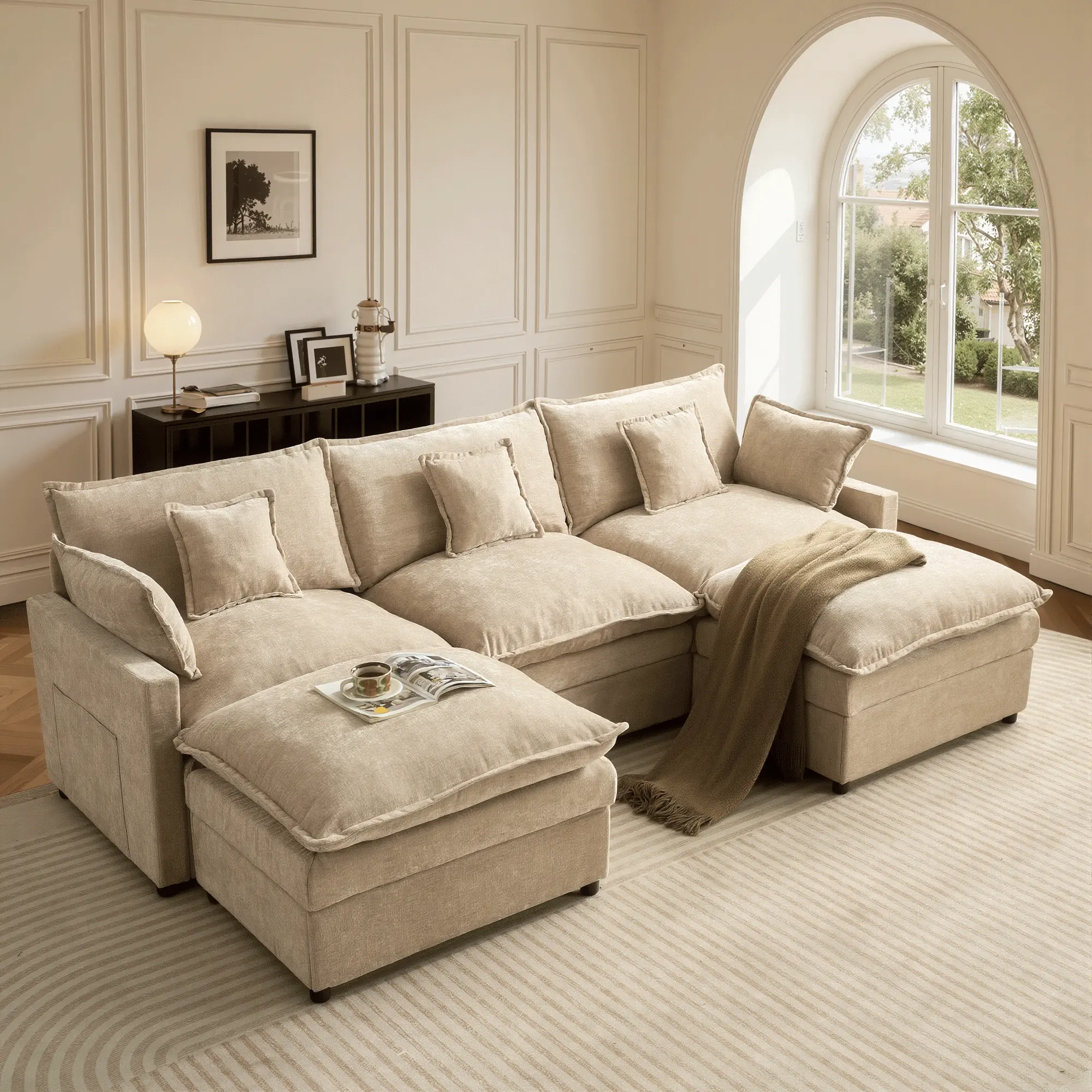 【2 Packages Shipping】OVIOS 108" U-Shaped Modern Sofa Modular Sectional Cloud Couch with 2 Ottoman, Comfy Chenille Deep Seat Sofa Bed for Living Room, Bedroom and Apartment, 5 Pillows Included 【2 Packages Shipping】OVIOS 108" U-Shaped Modern Sofa Modular Sectional Cloud Couch with 2 Ottoman, Comfy Chenille Deep Seat Sofa Bed for Living Room, Bedroom and Apartment, 5 Pillows Included