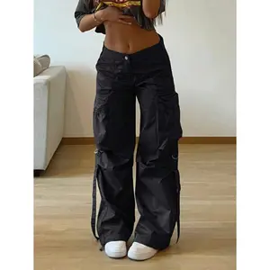 Y2K Street Flap Pocket Tape Detail Loose Casual Wear Wide Leg Parachute Cargo Pants