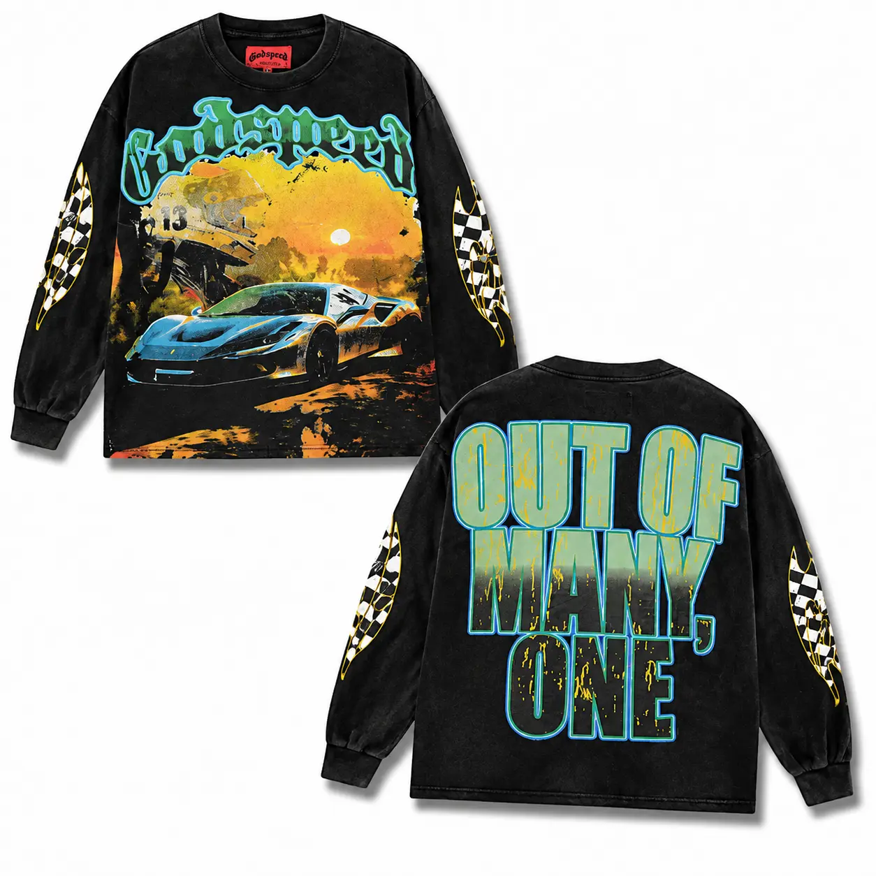 God Y2k Racing Car Graphic Long Sleeve T-Shirt Men Women Vintage Washed Cotton Tee, Oversized Streetwear Shirt with Retro Sports Car Print, Checkerboard Sleeve Design, Back "OUT OF MANY ONE" Graphic Y2K Hip Hop Casual Top