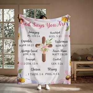 Christian Affirmation Cross Flannel Throw Blanket, Super Soft Warm Scripture Flower Throw, Ideal Religious Gift for Her, Suitable for Couch Travel