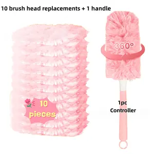 10 disposable pink dust brush heads (including 1 handle), 360-degree retractable yellow handle dust brush, suitable for home, car, office, blinds, furniture dust cleaning, Cleaning supply