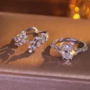 2-Piece Set Elegant Leaf-Shaped Oval Cubic Zirconia Wedding Rings Set for Brides - Engagement & Marriage Ring Set, Perfect for Anniversary, Birthday Gifts, Parties, Evening Events, Vacation Style & Charming Christmas Jewelry