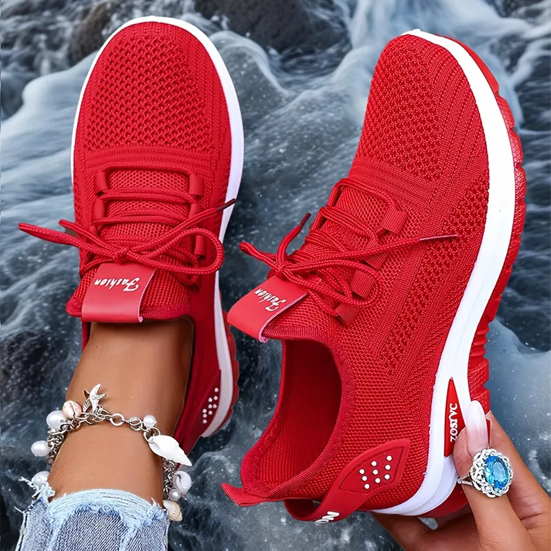 Women's Bright Red Knit Closed Off-Court Casual Trainers - Walking Shoes, Sports Shoes, Breathable Lace-Up Footwear, Lightweight Non-Slip Rubber Sole, All-Season All-Day Wear, Training/Running/Gym Use
