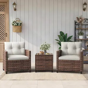 Outdoor Wicker Chairs,3 Pieces Patio Furniture Set,All Weather High Back Rattan Chairs w/Washable Cushion and Tempered Glass Tabletop for Deck Porch Balcony Backyard Garden,Brown & Beige
