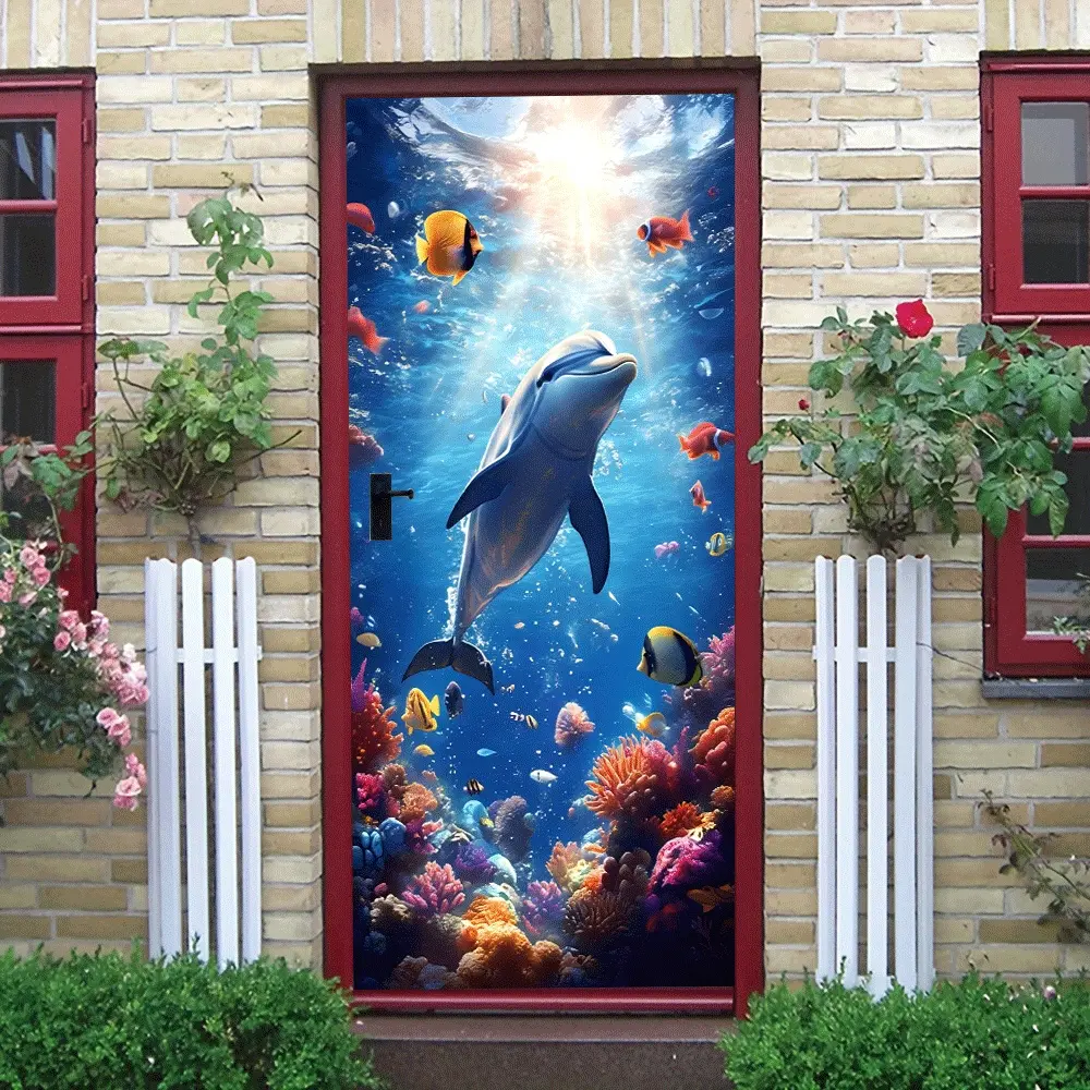 2pcs Underwater World Dolphin Wall Stickers Marine Life Theme Decorative Decals for Kids Room Bedroom Living Room Bathroom Waterproof Removable Self Adhesive Vinyl Murals Cartoon Fish Coral Ocean Animal