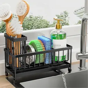 Sponge Holder for Kitchen Sink, Sink Caddy Organizer with High Brush Holder, Kitchen Countertop Organizers and Storage Essentials, Rustproof 304 Stainless Steel (Black