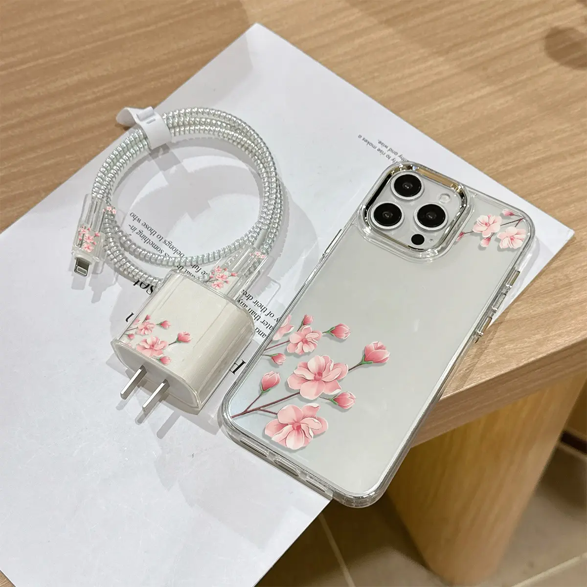6 Piece Set Transparent Peach Pattern Phone Case, Cellphone Charger Head Cover, Cable Protector, Storage Rope, Data Line Protection, iPhone 6-17 Pro Max, Smartphone Teenager