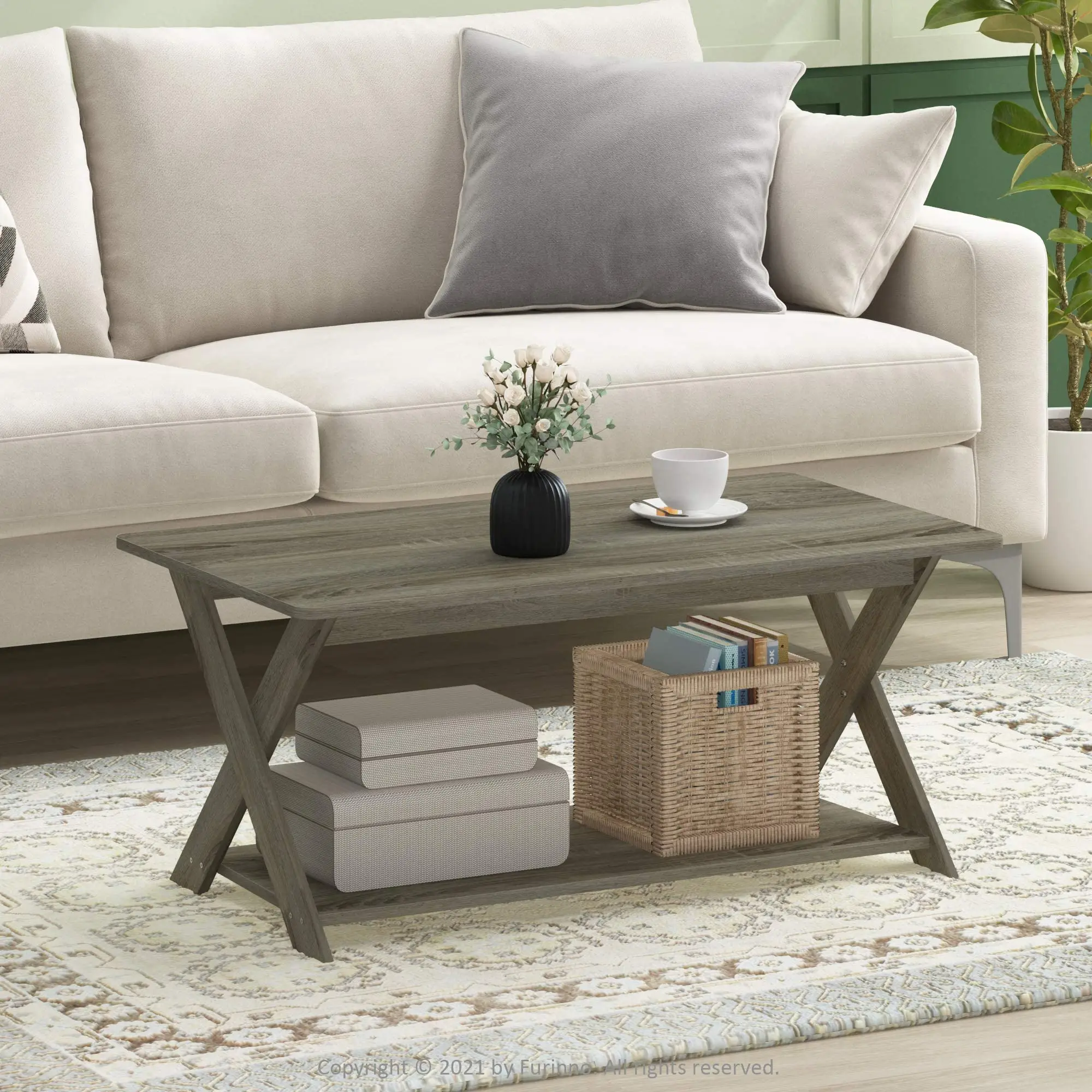 HOMLUX Modern Simplistic Criss-Crossed Coffee Table – French Oak, Trendy Design for Living Room