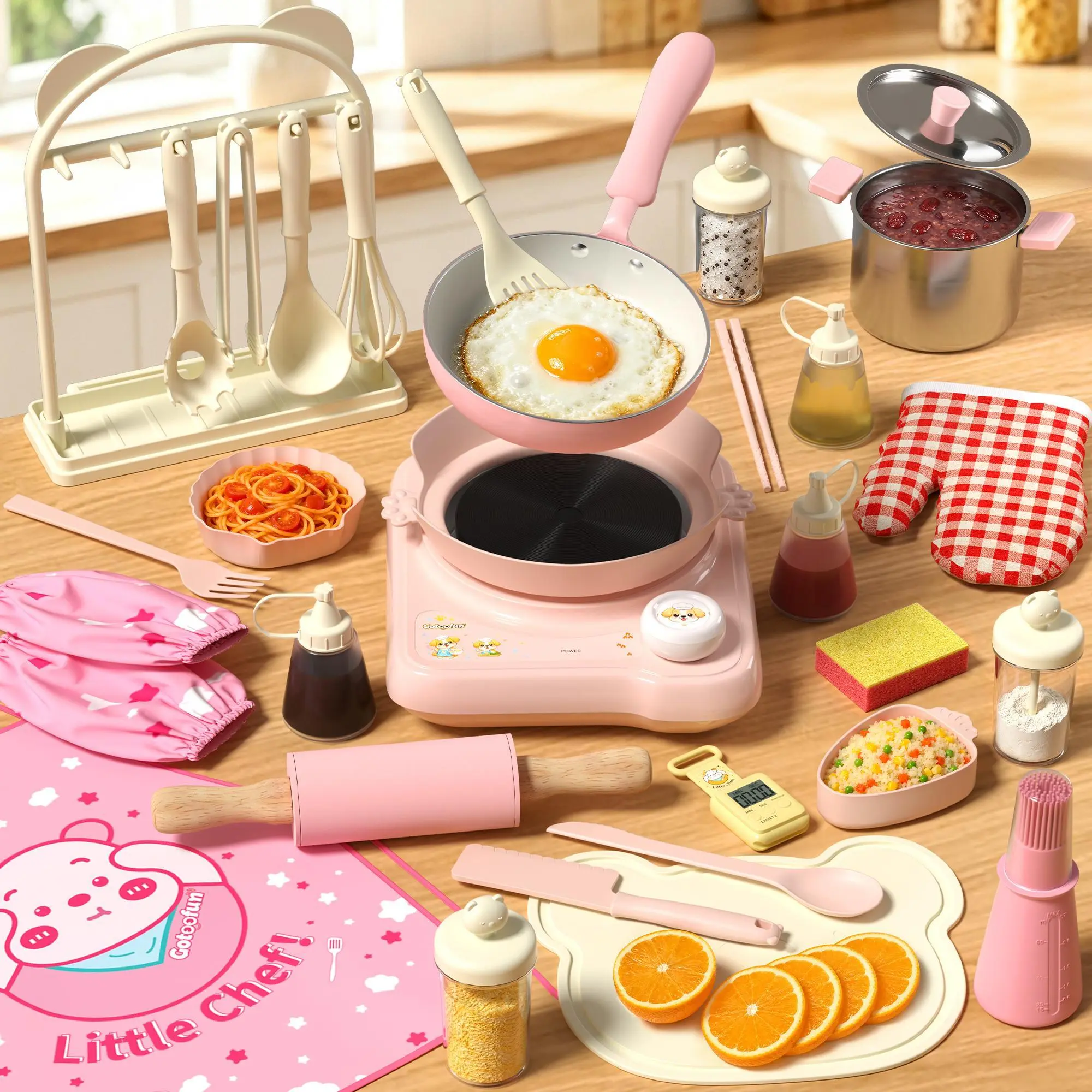 GOTOOFUN Kids Real Mini Kitchen Set - Safe & Engaging Pretend Play Children's Toy with Safe Electric Stove, Timer, PVC-Free Design | Montessori Toy Enhances Creativity, Birthday, Halloween Gift for Kids Ages 8-12,familyfun