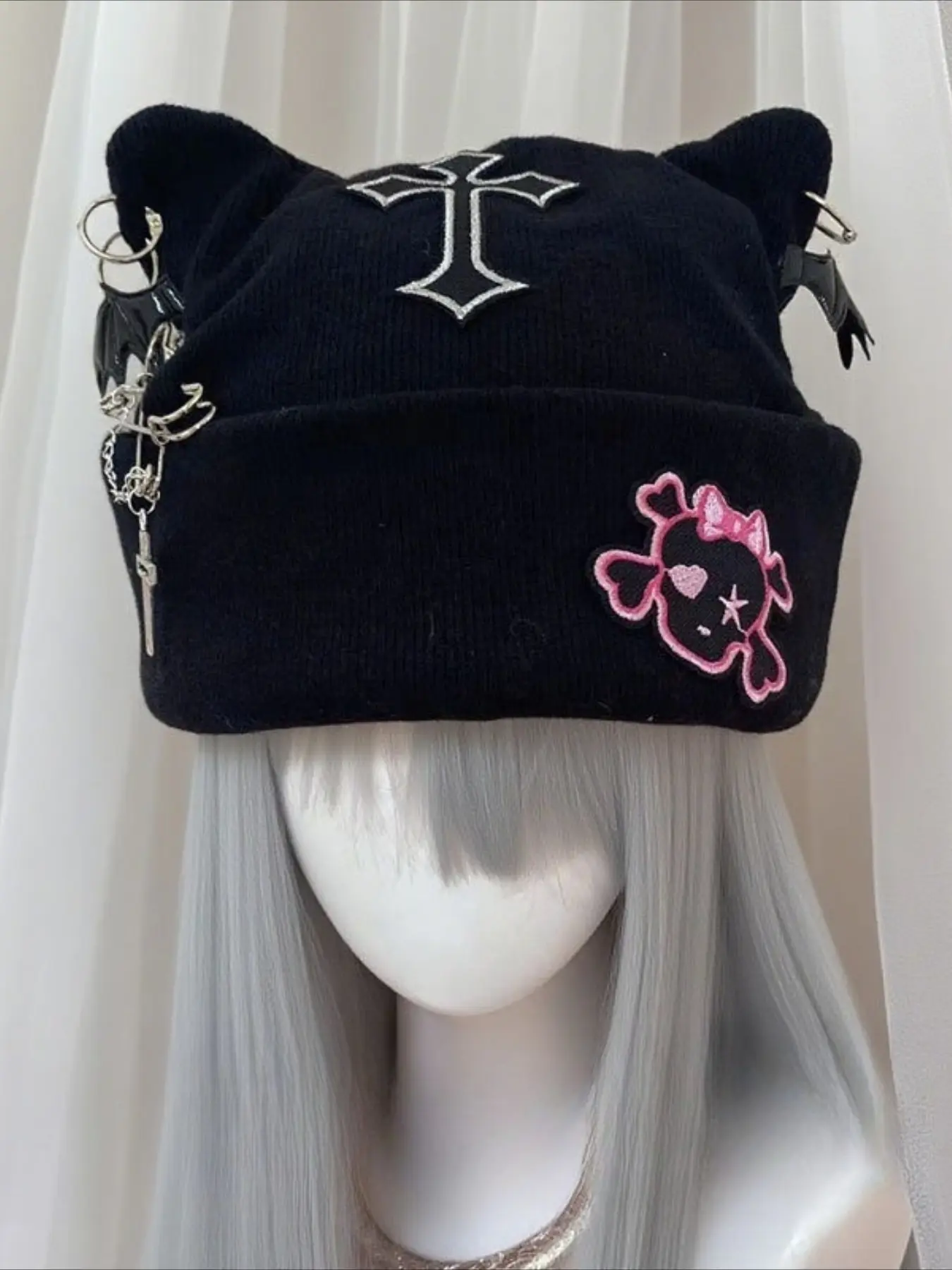 Y2K Subculture Gothic Punk Cat Ear Hat Cross Skull Cute 