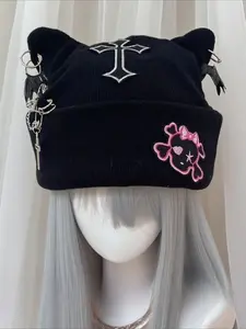 Y2K Subculture Gothic Punk Cat Ear Hat Cross Skull Cute Knitted Black Woolen Hat Skull Beanie Hat