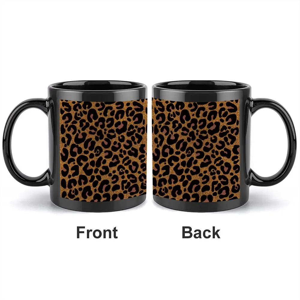 Glitter Leopard Print Black Ceramic Coffee Mug, 11oz Double-Sided Printed Cup with Animal Pattern, Trendy Stylish Fashion Gift for Women, Fashionistas, Animal Print Lovers, Birthday & Christmas Present