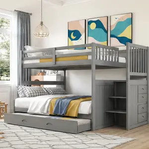 ARCH Full over Full Bunk Bed with Twin Trundle and Staircase Storage Drawers, Solid Wood Gray Finish, Heavy Duty 250lb Top 300lb Bottom Capacity, Space-Saving Bed Frame for Kids Teens Bedroom, No Box Spring Needed, Gray Color Options