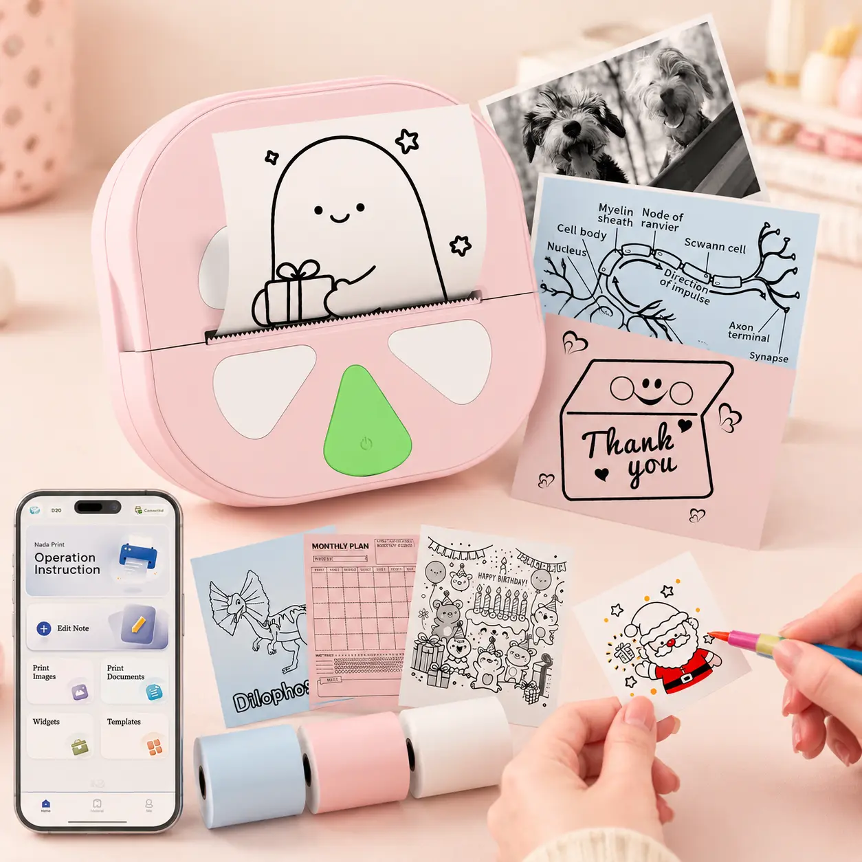 Mini Sticker Printer, D20 Portable Bluetooth Inkless Thermal Sticker Maker Machine with 3 Rolls Paper, Pocket Print Pods Label Maker for iphone, Impresora Portátil for Study Note, DIY, Kids Gift