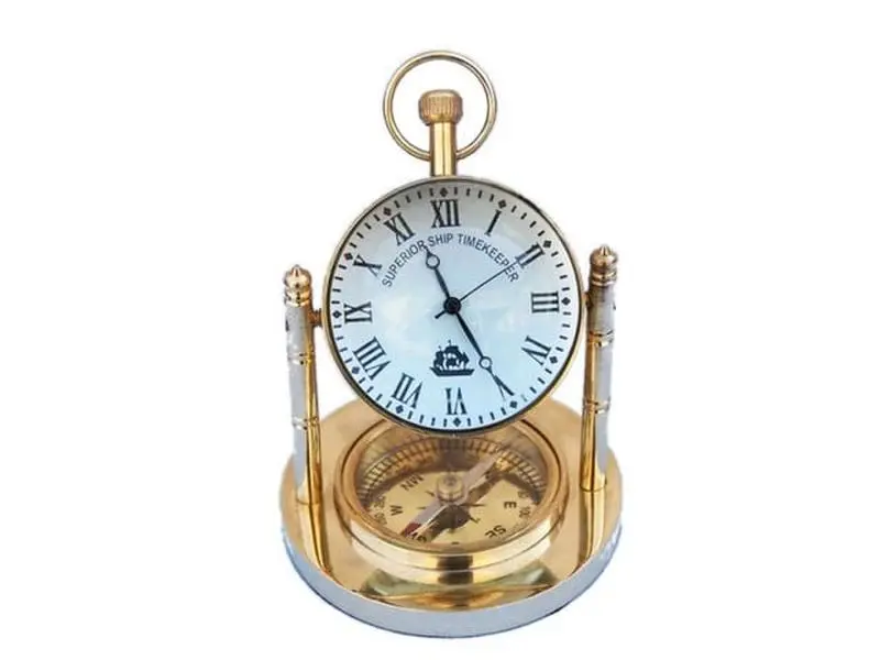 212 MAIN Handcrafted Solid Brass Analog Clock with Compass - 5" H x 3" W x 3" L Metal Nautical Desk Decor, Home Decor Accessory, Gift Item (Model WC-1431)