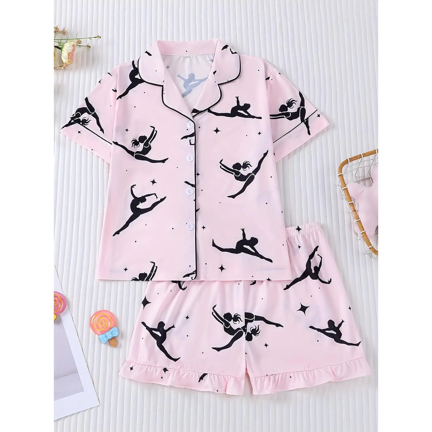 Girls’ 2-Piece Pajama Set, Flame-Resistant Short-Sleeve Top and Pants, Pink Cartoon Dance Print, Comfortable Casual Sleepwear for Little Girls, Medium to Large Sizes