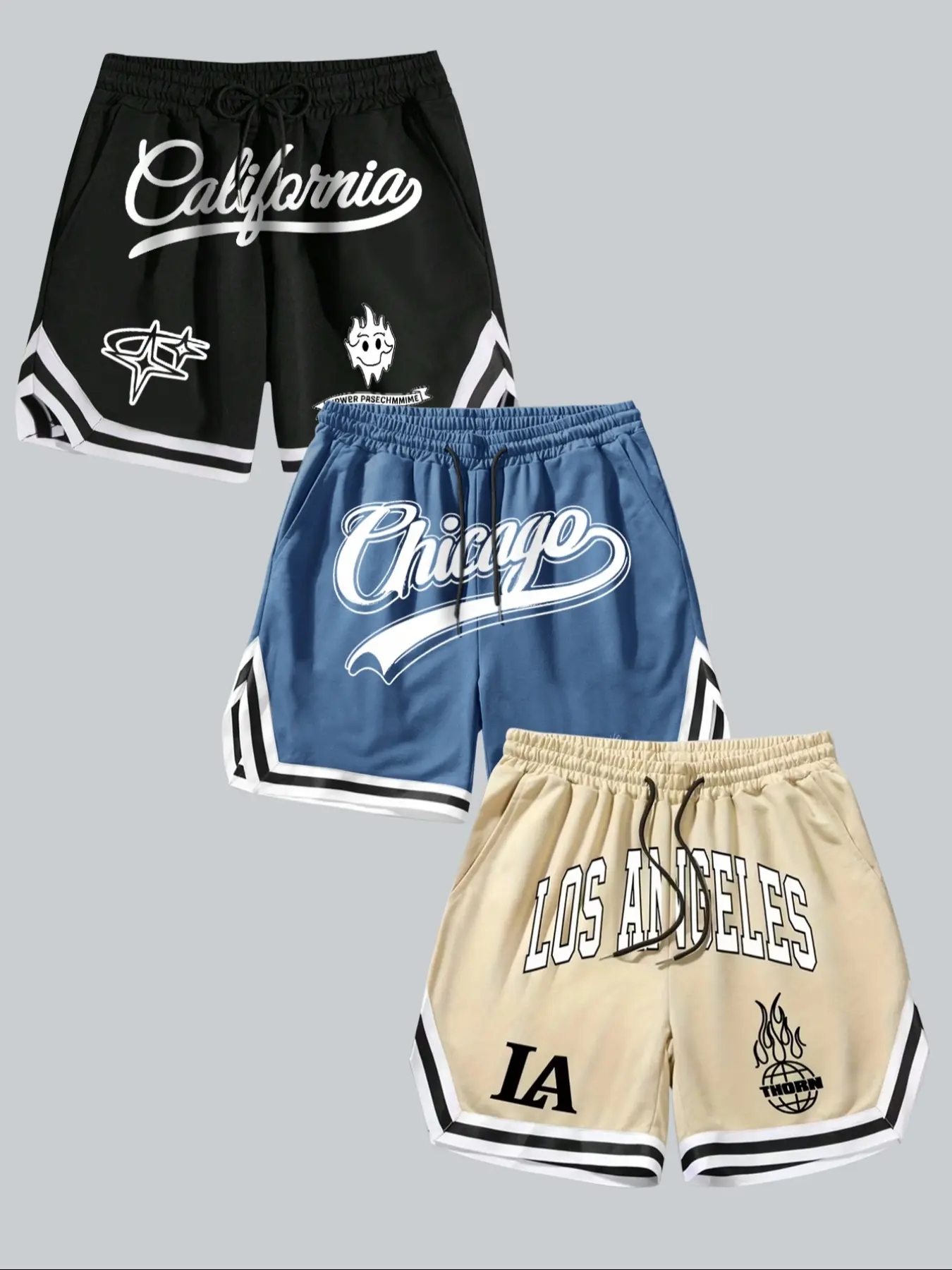 California Chicago Los Angeles City Streetwear Drawstring Basketball Shorts, Graphic Shorts, 3-Piece Set, Multi Color Black/Blue Pattern Sports Shorts, Retro City Font Casual Street Shorts, Gift for City Fashion Fans and Street Basketball Enthusiasts