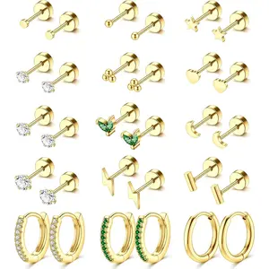 15 Pairs Hypoallergenic Surgical Stainless Steel Flat Back Earrings for Sensitive Ears Gold Stud Hoop Cartilage Earring Set for Multiple Piercing Comfortable & Safe Design 20G Gauge 6mm Post Length 5mm Flat Back Size