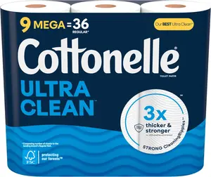 Cottonelle Ultra Clean Toilet Paper, 9 Mega Rolls (9 Mega Rolls = 36 Regular Rolls), 284 Sheets Per Roll, Packaging May Vary
